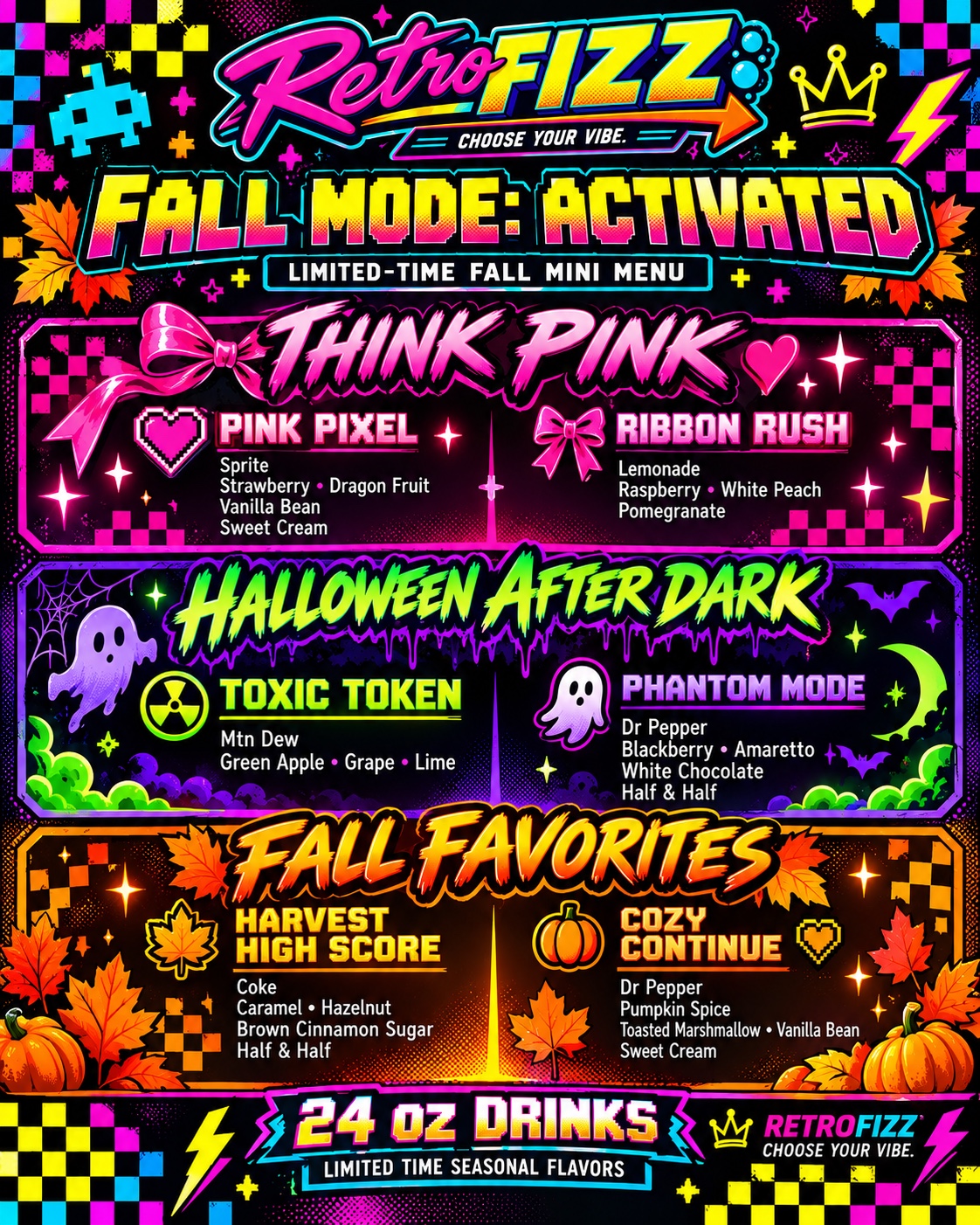 Current RetroFizz Fall menu: six 24 oz seasonal drinks